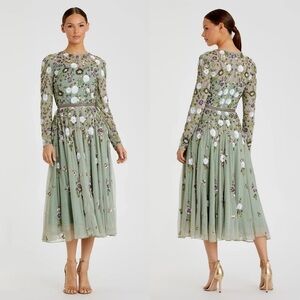 Mac Duggal 5716 Green Sequined Floral Long Sleeve High Neck Midi Dress Sz 4 NWT